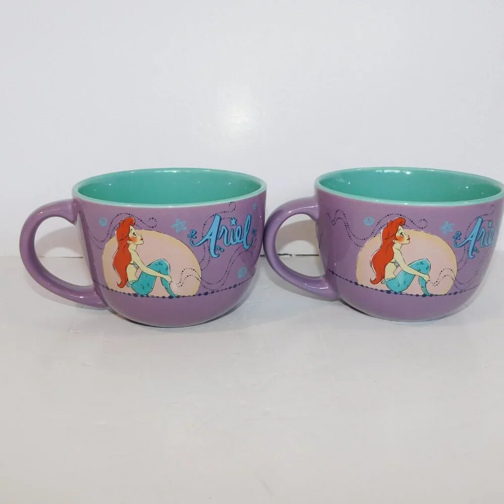 2 Disney Ariel Little Mermaid Purple Teal 24 oz Soup Coffee Cereal Mugs UNUSED - Picture 3 of 7